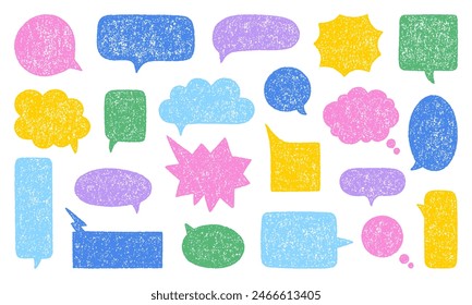 Chalk pencil speech bubbles doodle set. Crayon communication frame, comic talk balloon in sketch style, Grunge texture. Hand drawn vector illustration isolated on white background Stockvektorkép
