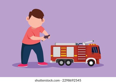 Character flat drawing happy little boy playing with remote controlled fire truck toy. Cute kids playing with electronic toy fire truck with remote control in hands. Cartoon design vector illustration Immagine vettoriale stock