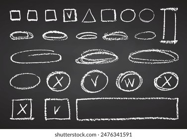 Charcoal pencil hand drawing curly lines, splash, squiggles and shapes. White chalk elements Black chalkboard Grunge chalk crayon scribbles doodles textures Rough crayon strokes Vector illustration. Arkivvektor