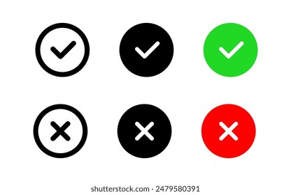 Check mark and cross mark icon set. Green checkmark and red cross vector symbols. Correct and wrong buttons. Vote pictogram. Yes and No illustration. Checkbox icon isolated. – Vector có sẵn