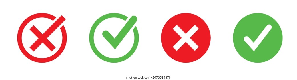 チェックマーク アイコン ボタンセット チェック ボックス アイコンをオンにし、右と間違ったボタンを表示します。チェック ボックス アイコンは、緑のチェック ボックスと赤い十字にチェック マークを付けます。のベクター画像素材