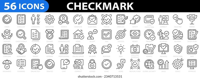 Checkmark 56 line icon set. Approve icons for web and mobile app. Accept, agree, selected, confirm, approve, correct, complete, checklist and more. Vector illustration Arkistovektorikuva