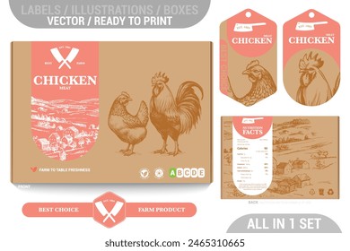 手描きの詳細なイラスト、アクセント、有益なラベルを特徴とする鶏肉の包装デザインセット。高品質の肉を求める農場、肉屋、スーパーマーケットに最適です のベクター画像素材