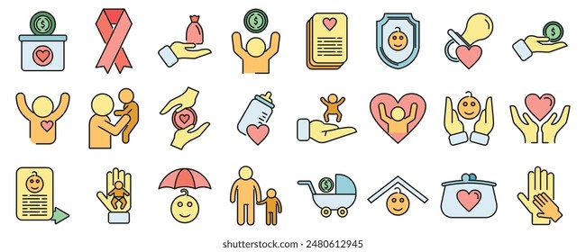Child support icons set outline vector. Childcare protect. Happy parent thin line color flat on white Immagine vettoriale stock