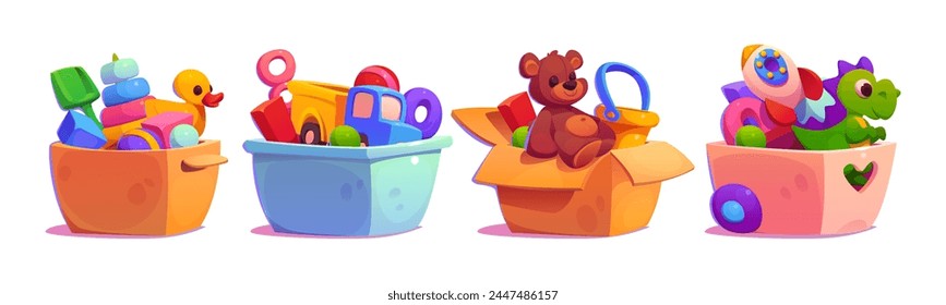 Стоковое векторное изображение: Child toys packed in plastic and cardboard boxes for home and kindergarten storage or donate concept. Cartoon vector illustration set of kid play object pile in container. package full of playthings.