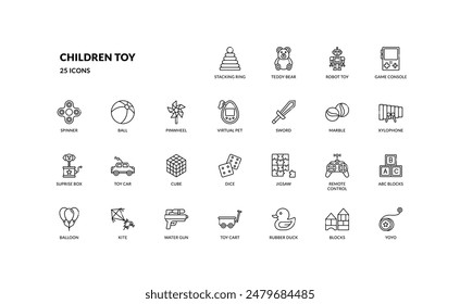Стоковое векторное изображение: children toy creative play for kid or baby detailed outline line icon set