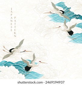Chinese wave decorations with crane birds and Peony flowers background in vintage style. Japanese background with Blue watercolor painting texture vector. Oriental art banner design wallpaper.: stockvector