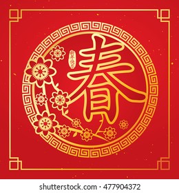Chinese New Year card with plum blossom. Chinese Calligraphy CHUN, Translation: spring, spring season. Translation of caption: Chinese New Year Stock-vektor