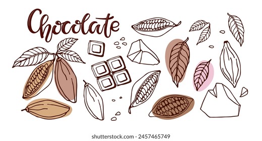 Chocolate. Hand drawn sketch vector Cocoa beans, leaves, raw chocolate chunks, wedges of dessert chocolate, Chocolate text. Organic product Doodle sketch for cafe, shop, menu, logo, emblem, symbol. Stockvektorkép