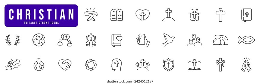Christian religion line icon set. Cross, bible, christmas, easter, dove etc. Editable stroke: stockvector