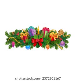 Christmas garland winter holidays greeting card. Pine and holly berry tree branches, decorated with bow, candle, gift box, bauble ball and cone Stockvektorkép