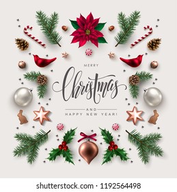 Christmas greeting card with Calligraphic Season Wishes and Composition of Festive Elements such as Cookies, Candies, Berries, Christmas Tree Decorations, Pine Branches. Stock Vector