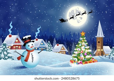 Christmas landscape with christmas tree and snowman with gifbox. background with moon and the silhouette of Santa Claus flying on a sleigh. concept for greeting or postal card, vector illustration