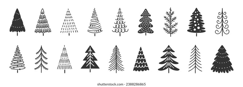 Christmas tree icons, hand-drawn in lines and silhouettes. Vector illustration of winter holiday symbols - firs and pines, black on white background. Immagine vettoriale stock
