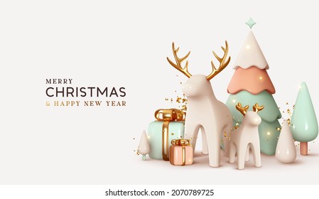 Christmas winter festive composition. Colorful Xmas background realistic 3d decorative design objects, big and small deer, gift boxes, snowy trees, gold confetti. Happy New Year. Vector illustration Stock Vector