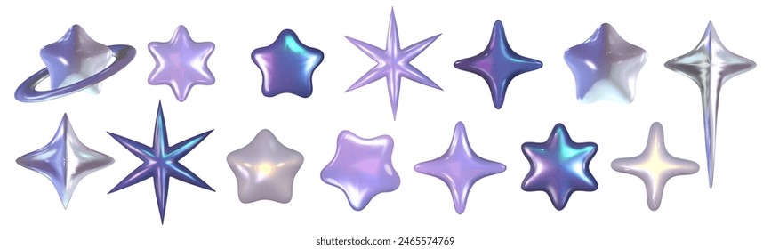 クロム3Dスターセットメタル要素。銀色と紫色のホログラフィック形状。未来的で90年代のデザインのための3Dクロムベクター画像のベクター画像素材