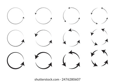 Circle arrows icon set. different circular arrows of white background. Black color, different thickness. Recycle icon set. Vector illustration. Stock image.  Stock vektor