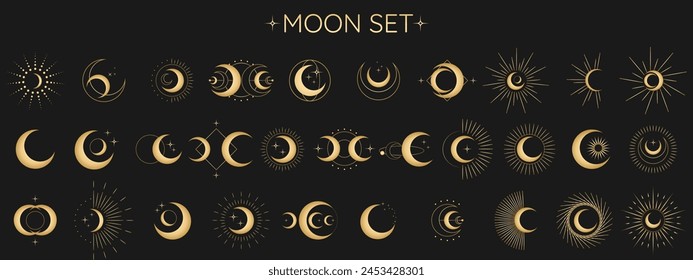 Circle pattern set with clouds, moon, sun, stars. Sun, moon phases, crystals, magic symbols. Vector collection in oriental chinese, japanese, korean style. Line hand drawn illustration EPS 10: stockvector