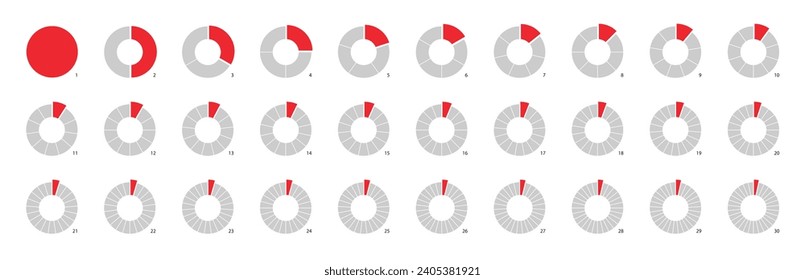 Circle pie chart as donut infographics data presentation. Charging round bar as percentage piece or part of whole. 12 and 24 segments of crossed ring, vector de stoc