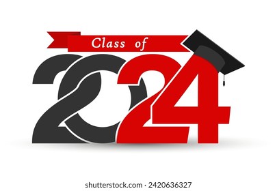 Class 2024. Stylized inscription with the year and the graduate's cap. Vector illustration for graduation themed design, simple style. Stock vektor