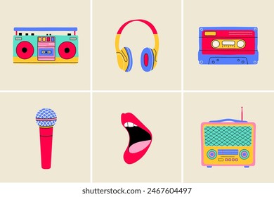 Classic 80s 90s music elements in flat line style. Hand drawn vector illustration: recorder, boom box, cassette, headphones, microphone, open singing mouth, radio. 
: stockvector