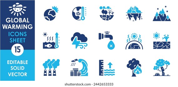 Climate change icon set. Containing global warming, greenhouse, melting ice and so on. Flat global warming icons set. Imagem Vetorial Stock