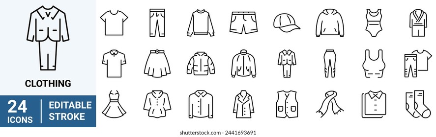 Kleidung Webline-Icon-Set. Kleid, Polo T-Shirt, Jeans, Wintermantel, Jackenhose – Stockvektorgrafik