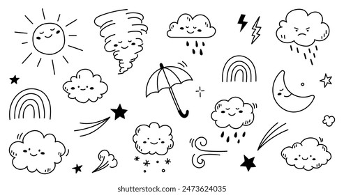 Cloud rain weather cartoon cute set. Cloud, sun, moon weather character with smile and angry face. Hand drawn doodle sketch style. Rainbow, wind, tornado doodle character. Vector illustration. Stockvektorkép