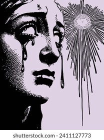 Crying greek roman statue face, female face tears, goddess crying Imagem Vetorial Stock