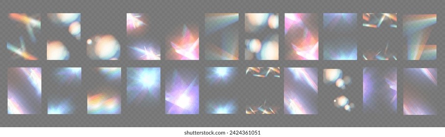 クリスタルライトメガネ効果輝くプリズムグレア反射効果。バナー光レインボーライト、グレア、リーク、ストリークのオーバーレイ。ベクターバナーカラフルなベクターレンズとライトフレア。のベクター画像素材