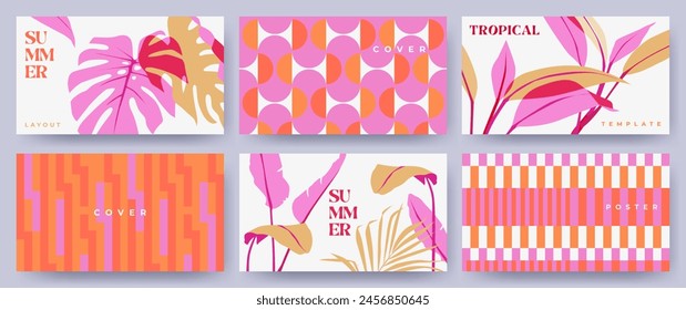 Creative covers or horizontal posters in modern minimal style for corporate identity, branding, social media ads, promo. Modern layout design templates with tropical leaves and geometric patterns - Vector στοκ