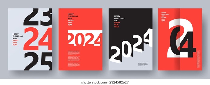 Creative concept of 2024 Happy New Year posters set. Design templates with typography logo 2024 for celebration and season decoration. Minimalistic trendy backgrounds for branding, banner, cover, card Immagine vettoriale stock