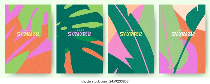 抽象的な熱帯の葉をセットした夏の明るいカードのクリエイティブコンセプト。お祝い、広告、ブランディング、バナー、カバー、ラベル、ポスター、営業用のモダンアートミニマリストスタイルのデザインテンプレートのベクター画像素材