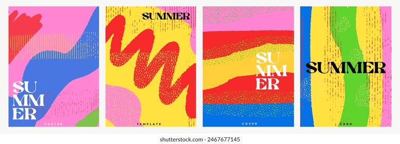 Creative concept of summer bright and juicy cards set. Modern abstract art design with liquid shapes with overlay effect. Templates for celebration, ads, branding, banner, cover, label, poster, sales - Vector στοκ