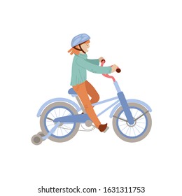 Cute teen or pre-teen girl ride a 4 wheel bike in a helmet, doing sport summer activities. Smiling happy girl on a bicycle, vector illustration, isolated on white background. स्टॉक वेक्टर