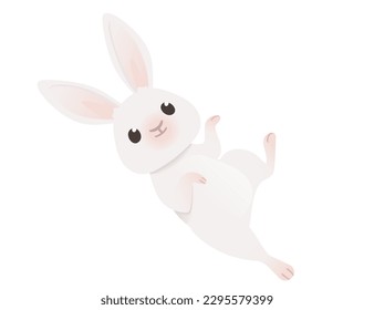 Cute white rabbit playing on ground cartoon animal design vector illustration isolated on white background Adlı Stok Vektör