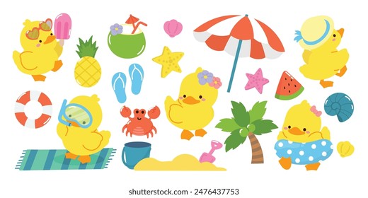 Cute Yellow Duck character summer concept vector. Happy Summer time with sea element duckling,swim ring, crab, coconut tree, pineapple, shell. Tropical illustration design for sticker, decoration. Stock-vektor