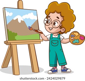 キャンバス上のかわいいアーティストの小さな子供の絵ベクターイラストのベクター画像素材