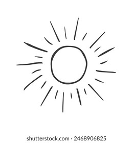 Cute cartoon hand drawn sun drawing. Sweet vector black and white sun drawing. Isolated monochrome doodle sun drawing on white background.: wektor stockowy