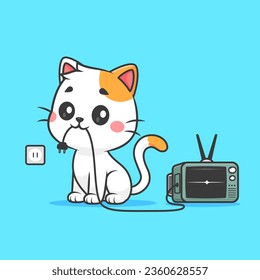 Cute Cat Unplug Television Cable Cartoon Vector Icon Illustration. Animal Technology Icon Concept Isolated Premium Vector. Flat Cartoon Style Arkistovektorikuva