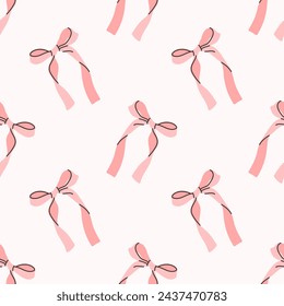 귀여운 코케트 패턴 이음새없는 핑크 리본 리본 리본 리본. 섬유, 직물, 벽지, 포장에 대 한 귀여운 여성 로맨틱 배경. 스톡 벡터