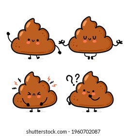 Cute funny smile happy and sad poop set collection. Vector hand drawn cartoon kawaii character illustration icon. Isolated on white background. Funny cartoon poop, shit mascot character bundle conceptのベクター画像素材