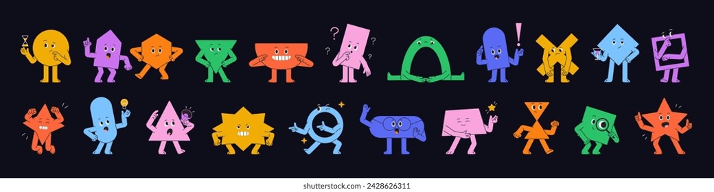 Cute geometric characters set. Different abstract shapes avatars with emotions, facial expressions. Funny maths, geometry figures. Game form of elementary education. Flat isolated vector illustration Stock-vektor