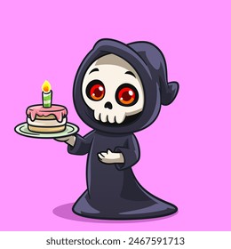 Cute Grim Reaper Holding Birthday Cake Fun and Spooky Cartoon Illustration Stockvektor