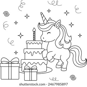 Cute kawaii happy birthday unicorn with birthday cake and gifts coloring page for kids. Animal outline doodle colouring page isolated on white background. Wild animal coloring book for kids Vektor Stok
