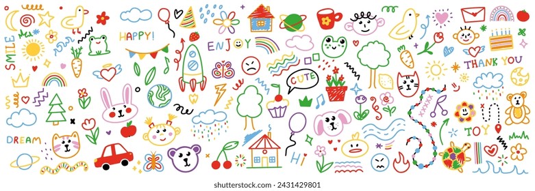 Cute kid scribble doodle icons set. Various icons such as hearts, stars, speech bubbles, arrows, lines. Hand drawn childish funny simple vector illustrations. Stockvektorkép