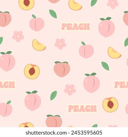 Cute pastel peach seamless pattern. Juicy peach fruit. Girly wallpaper. Vector 库存矢量图