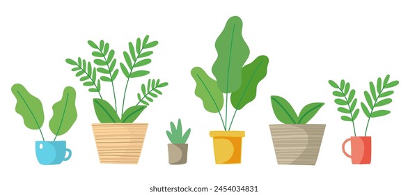Cute Potted plants, ceramic pots, cups and different indoor types of plants. House Plants set. Hygge style. Isolated on white background. Horizontal flat vector illustration. Immagine vettoriale stock