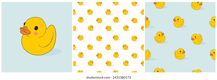Cute Rubber Duck. Funny Hand Drawn Vector Print and Seamless Pattern with Lovely Yellow Rubber Duck. Yellow Bath Toy Isolated on a White and Light Blue Background.Duck Pattern Perfect for Fabric,Card.: stockvector