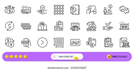 Currency rate, Currency exchange and Refresh line icons for web app. Pack of Dollar exchange, Earphones, Forward pictogram icons. Approved report, Square area, Density signs. Ram. Search bar. Vector Stockvektorkép